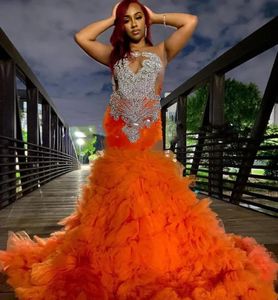 Zeemeermin oranje ruches onderkant prom formele jurken voor dames sprankelend diamantkristal avondverjaardagsjurk Robe De Soiree