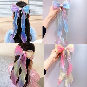 Mermaid Pearl Mesh Hair Bows Ribbon Star Long Wig Hair Extension Clips Girls Hair Streamers Kid Party Hair Accessoires 2047