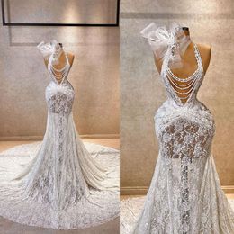 Zeemeermin parels halter prachtige decoratie jurken bruiloft plooien kanten court op maat gemaakte plus size sexy bruidsjurk vestidos de novia
