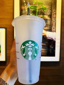 Zeemeermin pijler Starbucks 24oz/710ml Plastic drinkmokken Tumbler Clear Goddess Herbruikbare bodem Platte vorm Cups Mok Deksel Stro Nxbqb