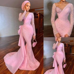 Mermaid roze sexy prom -jurken Sparkly Crystal kralen schep schep nek lange mouw avondjurken Arabische speciale ocn jurk slijtage