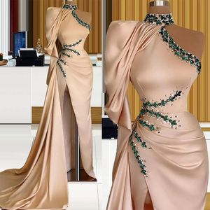 Mermaid plus size moeder van de bruid jurk één schouder halter kralen lovertjes reheinestone sweep trein feest avondjurken zijkant split prom jurken