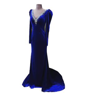 Sirena Vestido de fiesta 2023 Manga larga Terciopelo Sexy Escote en V profundo Dama Noche formal Fiesta de bodas Maxi vestido Homecoming Court Pageant Gala Runway Red Carpet Crystals Royal