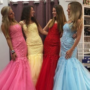 Mermaid Prom Dresses 2021 Light Sky Blue Lace Pageantjurs Geel Rood Lila Lace Up Back Formal Event Slijtage Spaghetti Hals Landelijke Pictures