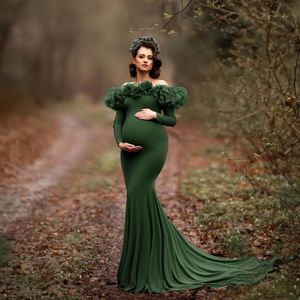 Mermaid prom jurken Dark Green Khaki Afrikaanse zwangerschapsgewaden voor fotoshoot of babydouche chic vrouwen ruches lange mouwen fotografie robe feestjurk grafiek