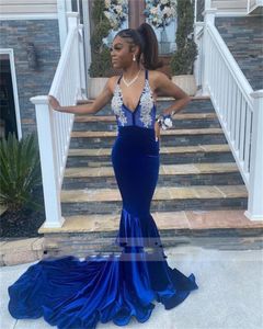 Mermaid Prom Dresses voor Black Girls Fluwelen Backless Kralen Strass Verjaardag Party Jurken Graduation Gowns Robe de Bal Custom