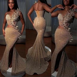 Mermaid prom -jurken Sparkly Sequins Illusion lijfje kralen applique hoge split op maat gemaakte plooien avondjurk formele ocn slijtage vestidos plus size