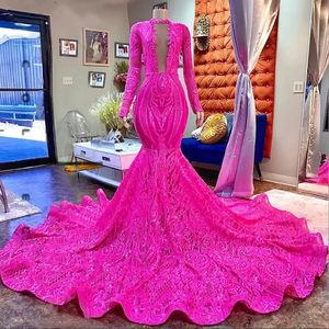 Mermaid Prom Fucsia Vestidos africanos Mangas largas de mangas largas brillantes Vestido de noche