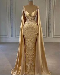 Mermaid prom gouden jurken met wrap kralen kanten appliqued avondjurk feest tweede receptie jurken plus maat