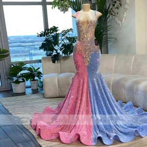 Mermaid prom -pailletten jurken voor zwart meisje roze en blauw kristal lang feestjurk formele afstudeerjurk 322 mal mal mal mal