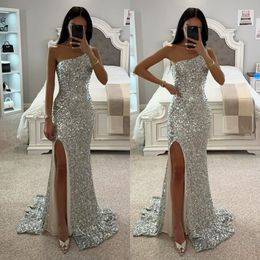 Mermaid Prom Sier één schouderglitter pailletten Evening Elegante plooien Split Formal Long Special OCN Party Dress