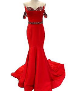 Mermaid Rode prom jurk 2k23 kristallen kristallen off-shoulder dame preteen meisje optocht jurk formeel feest bruiloft gasten rode capet runway gala met kralen sash black-tie