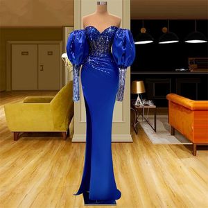 Sirène Royal Perlé Bleu Bal 2023 Hors Épaule Robes De Soirée Manches Bouffantes Côté Fendu Sur Mesure Robe De Soirée D'anniversaire Formelle