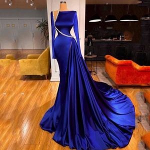 Mermaid Royal Blue Women Evening Jurk 2023 Luxe Luxe lange mouwen kralen vlek Lange prom Formele jurken Abendkleider Dubai Robe de Soiree