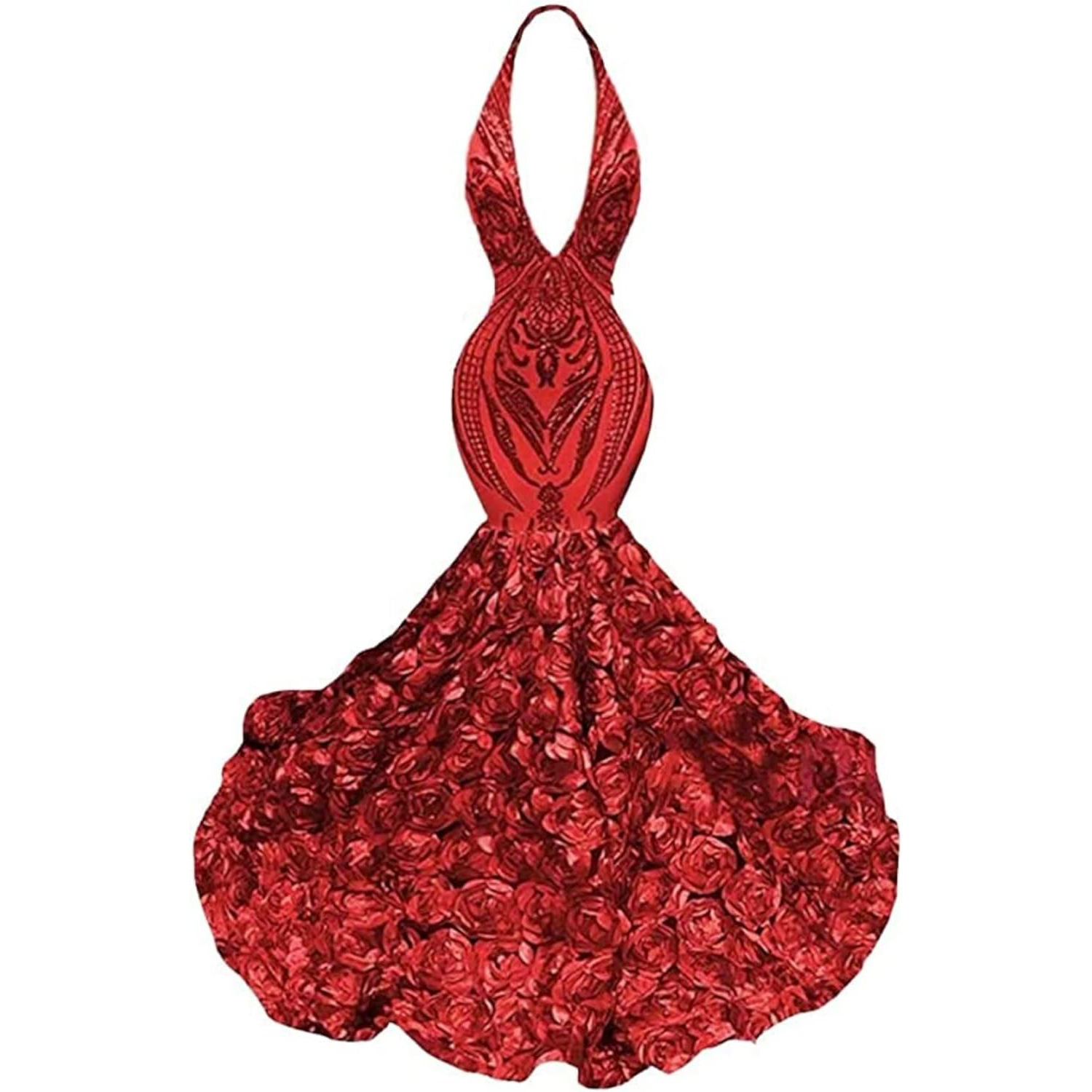 Mermaid Sequined V-Neck Prom Dresses Sexy Trumpet Red Spaghetti Straps Open Back Sweep Train Flower Pattern Evening Dresses for Women