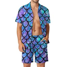 Scale de sirène des hommes sets violet bleu éclaboussure abstraite shorts décontractés de chemise de plage vintage ensemble à manches courtes surdimensionné graphique 240425