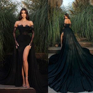 Robe de soirée sirène noire, Sexy, sans bretelles, fente haute, robe de bal moderne en dentelle, robes de soirée formelles sur mesure