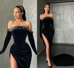 Mermaid Sexy Black Prom -jurken voor vrouwen plus size off -schouder lange mouwen Veet kralen side split formele ocns avond verjaardagsfeestje optocht jurken mal