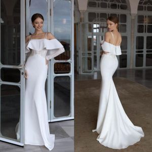 Zeemeermin sexy elegante jurken spaghetti banden kanten appliques lange mouw backless sweep trein trouwjurk bruidsjurken vestidos