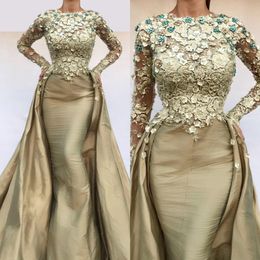 Mermaid Sexy nieuwe avondjurken voor vrouwen dragen juweel nek lange mouwen gouden kanten appliques bloemen over Skirts formele prom jurk feestjurken mal