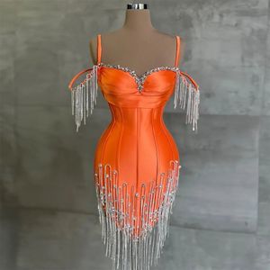 Mermaid Korte oranje prom jurken Homecoming Crystals Tassel Mini Tail Dress voor zwarte meisjes afstuderen verjaardagsfeestjesjurken