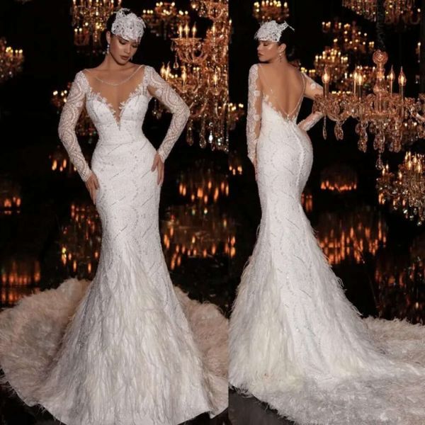 Mermaid Sleeves Ostrich Long Sexy Feather Robes Deep V Neck Neckless Sequins Bridal Bridal Robes Sway Train Robe de mariée
