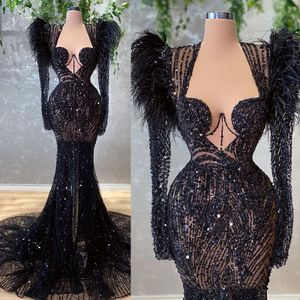 Mermaid Sparkly lovertjes prom -jurken Aso Ebi Arabische veer Afrikaanse kralen avondjurken plus size receptie jurk