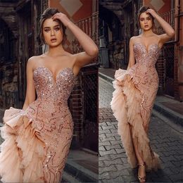 Mermaid Sparkly Lades Prom Sexy Sweetheart Neck Laaged Ruffles Side Split Evening Jurk Backless Formele jurken Vestidos de novia