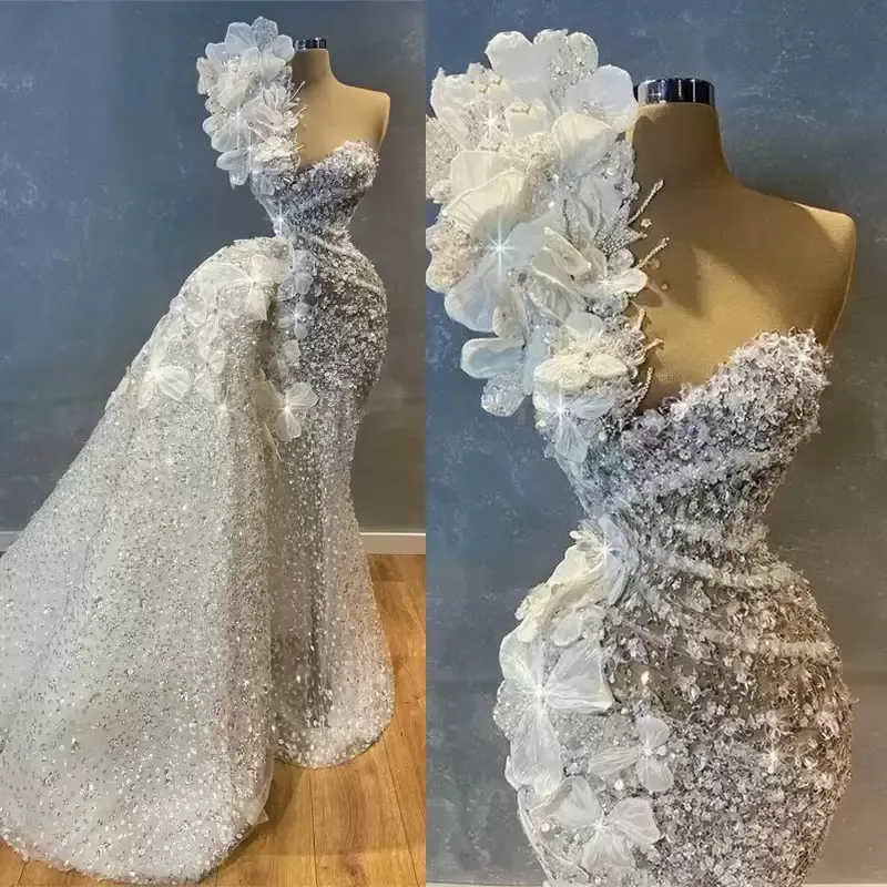 Mermaid Sparkly 스팽글 웨딩 드레스 1 개의 어깨 끈 슬리빙 수제 꽃 사용자 정의 공식 OCN Wear Plus Size