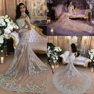 Vestido de novia brillante de sirena, vestido de novia Sexy con cuentas transparentes y brillantes, Apliques de encaje con cuello alto, ilusión de manga larga, trompeta color champán