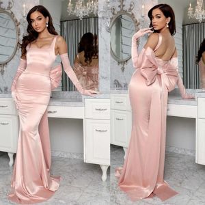 Mermaid vierkante taille prom jurken elegante hoge vaste kleur satijn grote boog achter op maat gemaakte rugloze vloerlengte avondjurk plus size vestido de noite