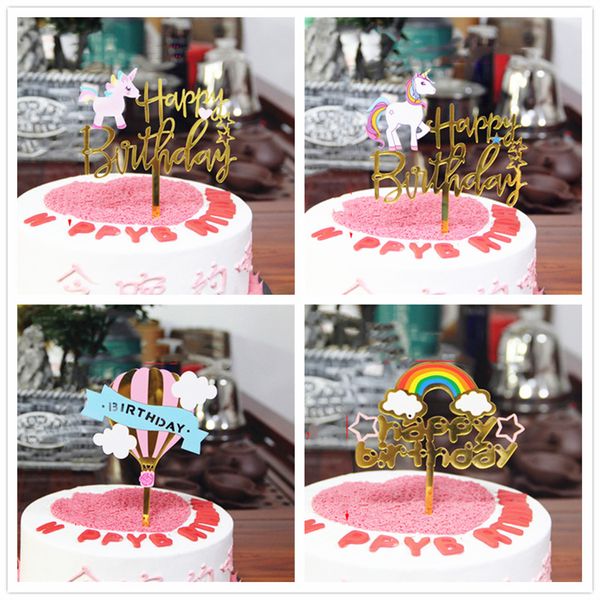 Mermaid unicornio pastel topper acrílico feliz cumpleaños cupcake toppers para baby shower top bandera de unicornio decoración para hornear