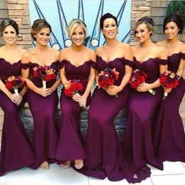 Mermaid Vestido de festa longo van de schouder Dark Purple Bridesmeisje jurken Wedding Maid of Honor Feestjurken