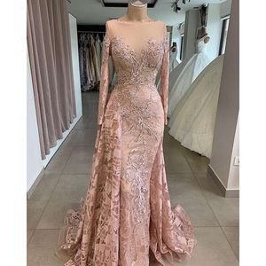 Zeemeermin Vintage Blush Prom Pageant -jurken met juweel met lange mouwen Lace kralen pure nek trompet Arabische ocn avondjurken