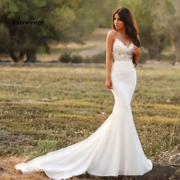 Robe de mariée sirène dentelle Spaghetti sangle dos ouvert fermeture éclair robe de mariée modeste tache plage vestido de noiva personnaliser