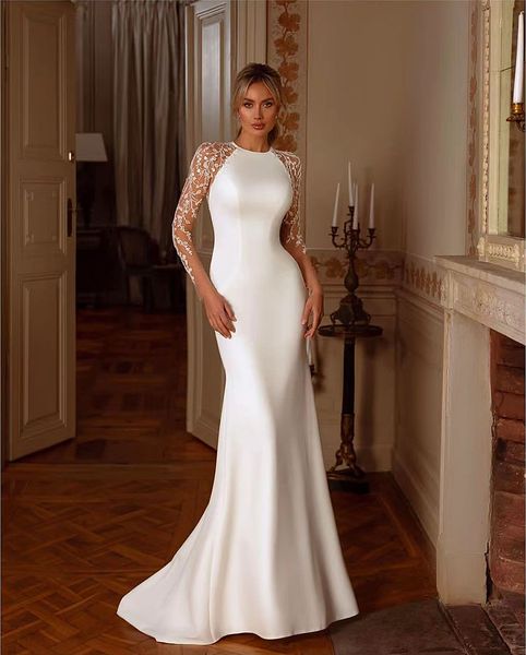 Robe de mariée de sirène 2024 Luxury Manches longues en dentelle lloulue arrière O-cou robe nuptiale en satin Verstidos de train de balayage de noiva