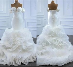 Robe De mariée sirène, épaules dénudées, sans manches, à lacets, à volants, en Organza, robe formelle, 2024
