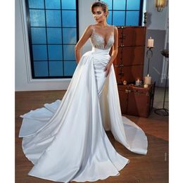 Robe de mariée sirène sans manches, bretelles Spaghetti, col en V, appliques en Satin, paillettes, longueur au sol, train détachable, robes Beidal sur mesure