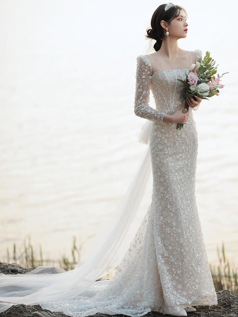 Abito da sposa a sirena Colletto quadrato Applique Perline Tailing Manica intera Paillettes floreali Abiti da sposa a maniche lunghe in pizzo elegante 2023