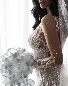 Vestido de novia de sirena con manga larga, ilusión, cuello alto, apliques de encaje, Organza, ocasión formal, hecho a medida, tul, largo hasta el suelo