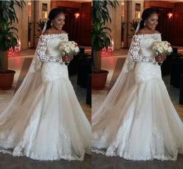 Sirène robes de mariée 2017 pas cher à manches longues à manches longues appliques de dentelle perlée plus taille balayage train robe de mariée personnalisée robes de mariée