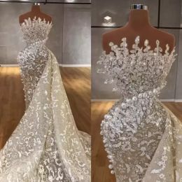 Robes de mariée sirène robe nuptiale en dentelle applique perles perles balayage train organza concepteur illusion personnalisée