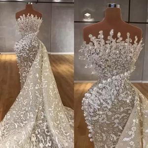 Zeemeermin trouwjurken Bruidsjurk Kant Appliqué Kralen Parels Sweep Trein Organza Designer Illusie Op maat Grote maten Vestido De Novia