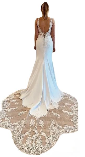 Sirena Vestidos de novia Vestido de novia Apliques de encaje Tren de barrido Gasa Sin espalda Botones cubiertos Correas por encargo Tallas grandes robe de mariee