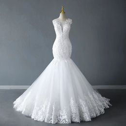 Zeemeermin trouwjurken veter organza chapel trein kanten applique bruidsjurken goedkoop plus size strand kralen jurk ruches ruches op maat gemaakte vestidos de novia