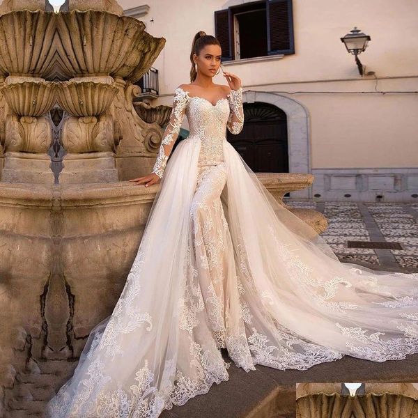 Robes de mariée sirène, plus la taille arabe jardin détachable train luxe dentelle applique plage musulman royal mer robes de mariée nouveau balayage ve ot7Mq