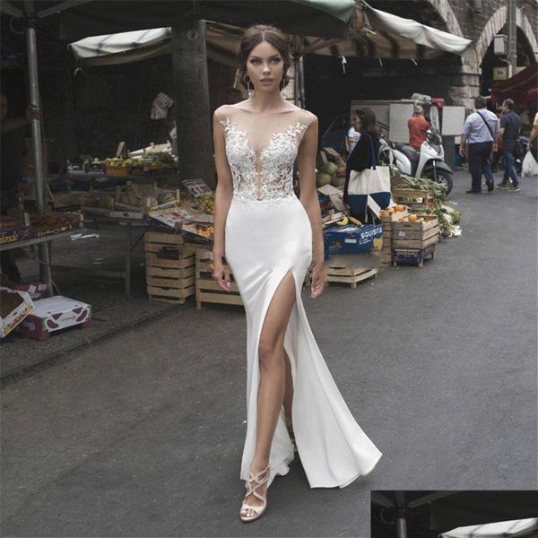 Vestidos de novia de sirena Apliques transparentes sexy Encaje Simple 2023 Vestidos de novia laterales divididos Longitud del piso Personalizado en línea Robe De Mariee Drop Dhq17