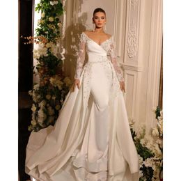 Sirènes de robes de mariée Sleeves Elegant V-Neck Long Lace Lace Pleels Pearls Docutable Train Court Robe Custom Made Vestidos de Taille De Novia