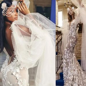 Zeemeermin Trouwjurken Zomer Ivoor Saoedi-Arabisch Dubai Modern Backless Sexy V-hals Applicaties Lange Trein Bruidsjurken