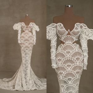 Mermaid trouwjurken lieverd van de schouderontwerper parels kant op tulle court op maat gemaakte plus size bruidsjurk vestidos de novia
